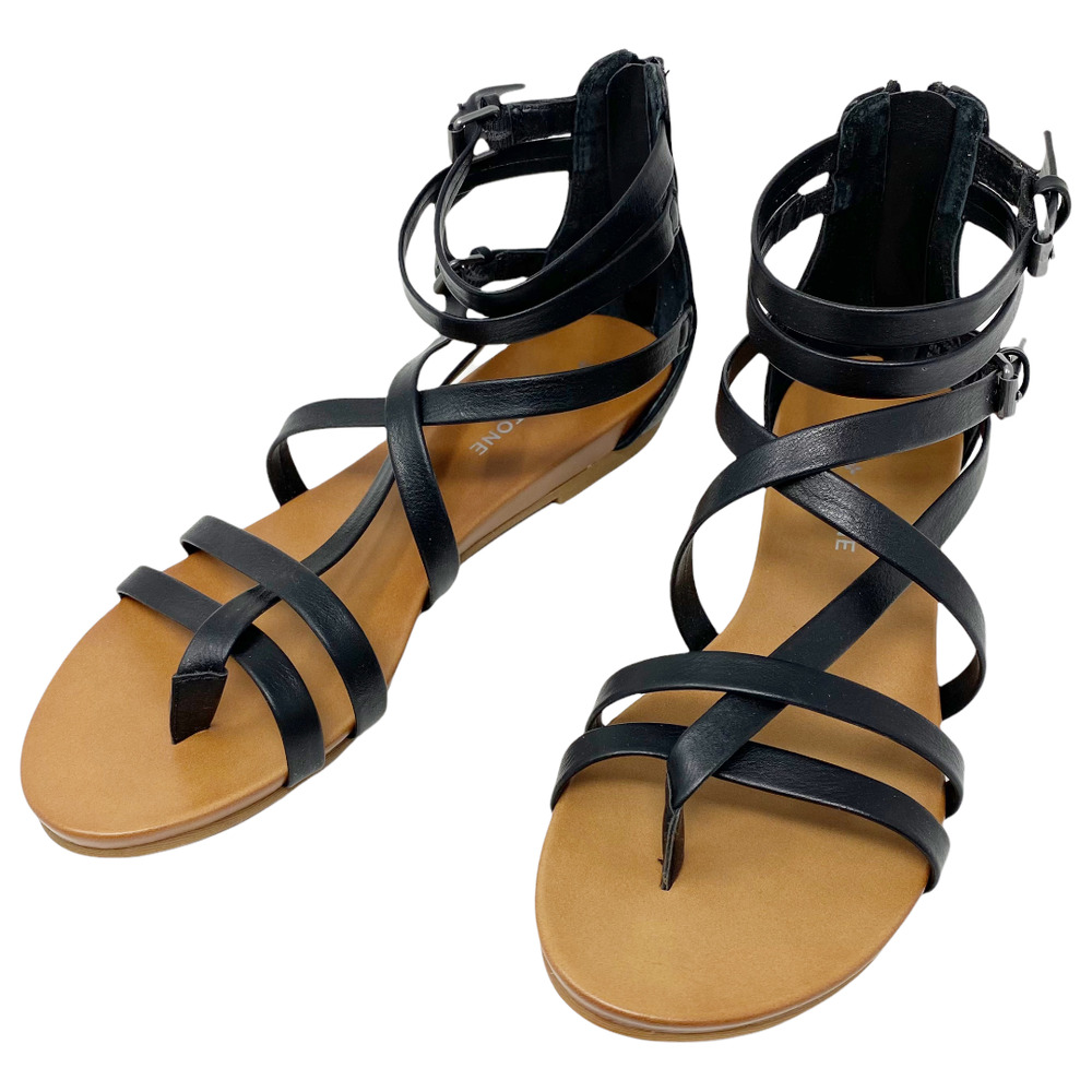 Sun + Stone Charley Women's Black Tan Gladiator Strappy Flat Sandals Size 9M